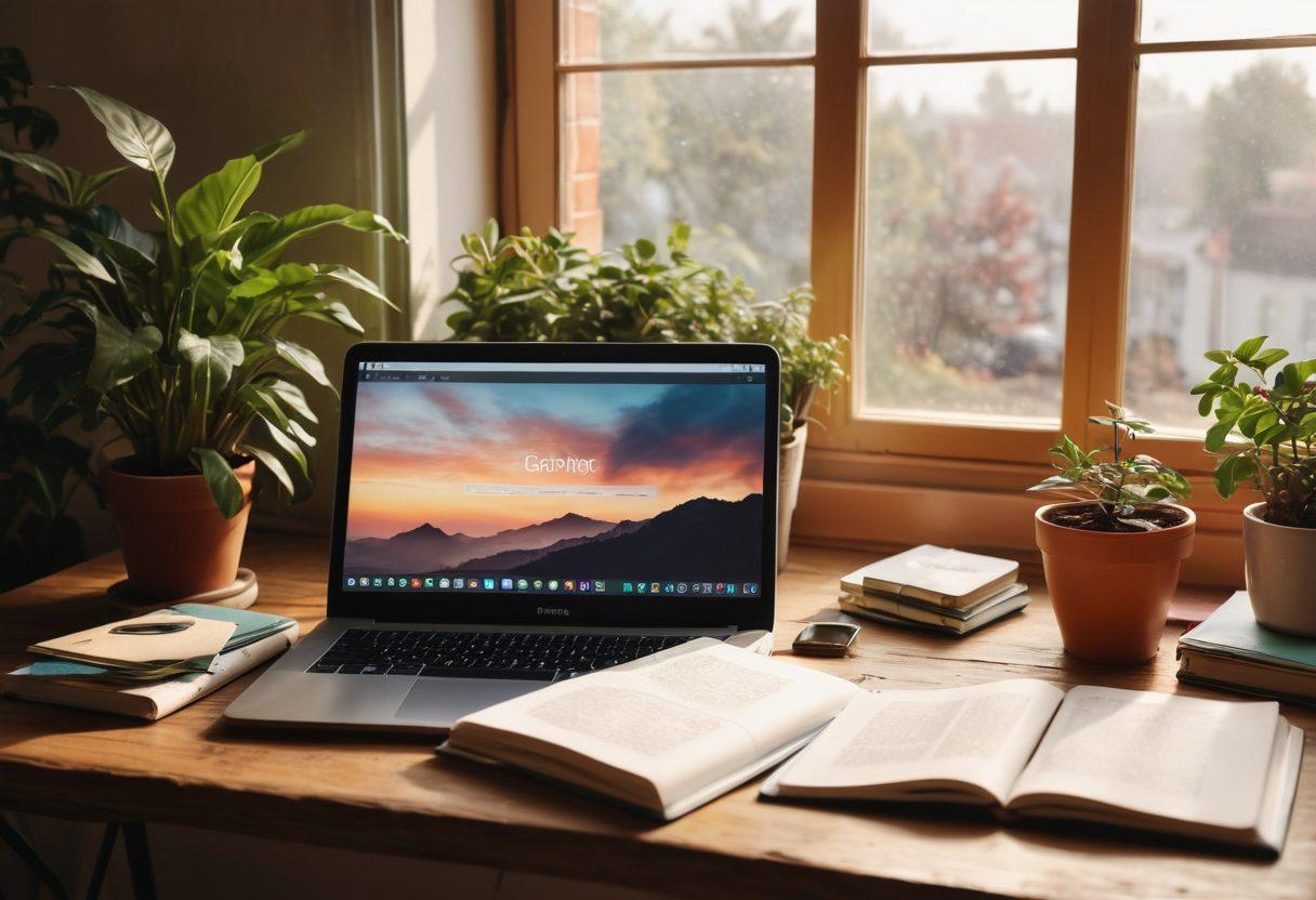 A cozy workspace featuring a laptop with a beautiful online journal open, surrounded by colorful notebooks, plants, and a steaming cup of coffee. The setting should evoke a sense of creativity and inspiration, with sunlight streaming in from a window. Include a subtle touch of digital elements like clouds and social media icons lightly blending into the scene. warm colors. super-realistic. cozy atmosphere.