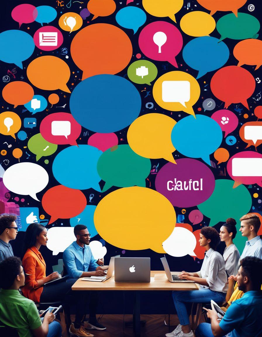A dynamic collage showcasing a diverse group of people engaging with various platforms—blogging, social media, and articles—interacting in a vibrant, energetic environment. Include elements like speech bubbles containing tips and strategies, laptops, and smartphones. The background should feature a burst of colors symbolizing creativity and influence, all focused around a central glowing light representing knowledge. digital art. vibrant colors. modern design.