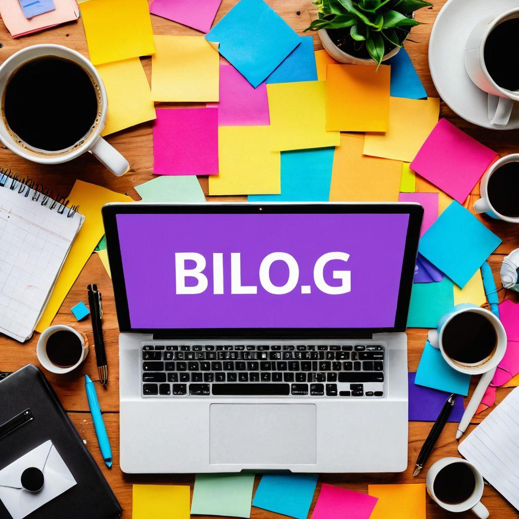 A vibrant collage of various blogging tools, like a laptop with a well-designed blog open, a coffee cup, and colorful sticky notes scattered around. Add a diverse group of people brainstorming ideas, surrounded by social media icons. The background should be filled with illustrations of content creation elements, like a camera, a microphone, and pen & paper. Bright, inviting colors to create an energetic and motivational atmosphere. super-realistic. vibrant colors. 3D.